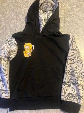 Kids Black Hooded Pullover with Printed White Cartoon Sleeves and Front Graphic